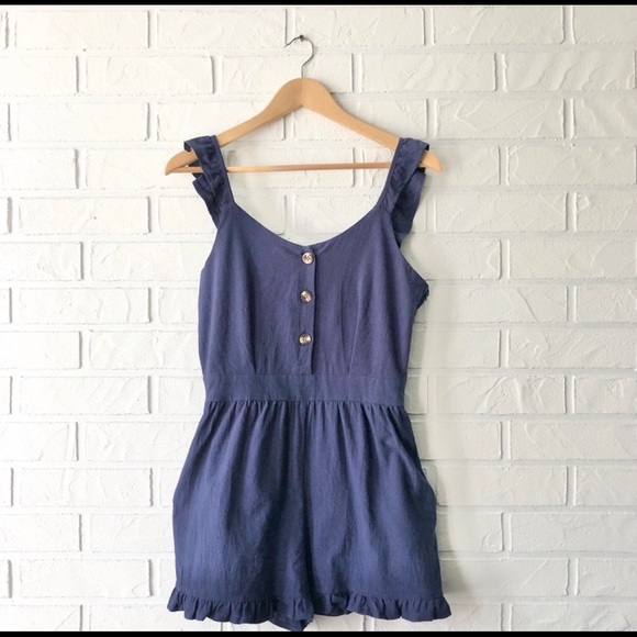 NEW Zaful navy blue ruffle button front romper 6 - Picture 1 of 14